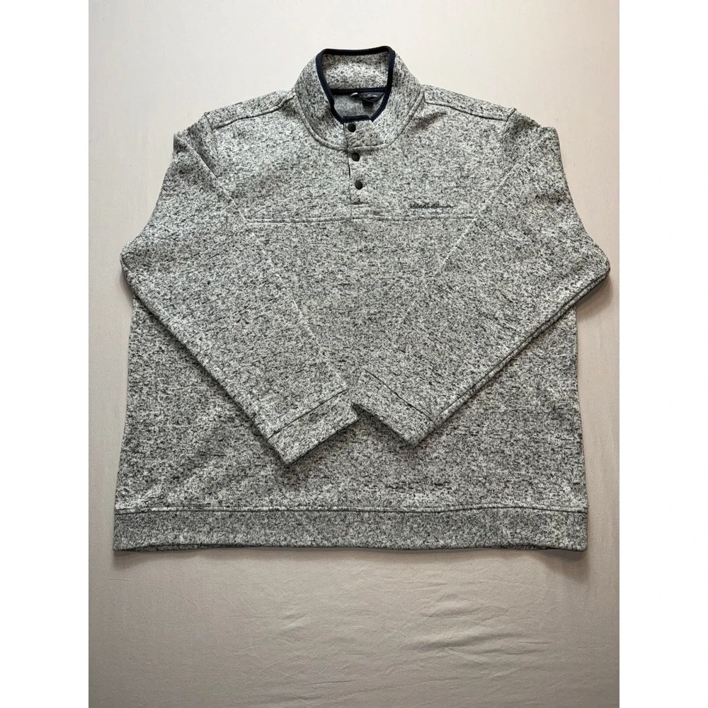 Mens Eddie Bauer Pullover Sweater Gray Marled Snap Neck 3XL‎ Heavyweight
